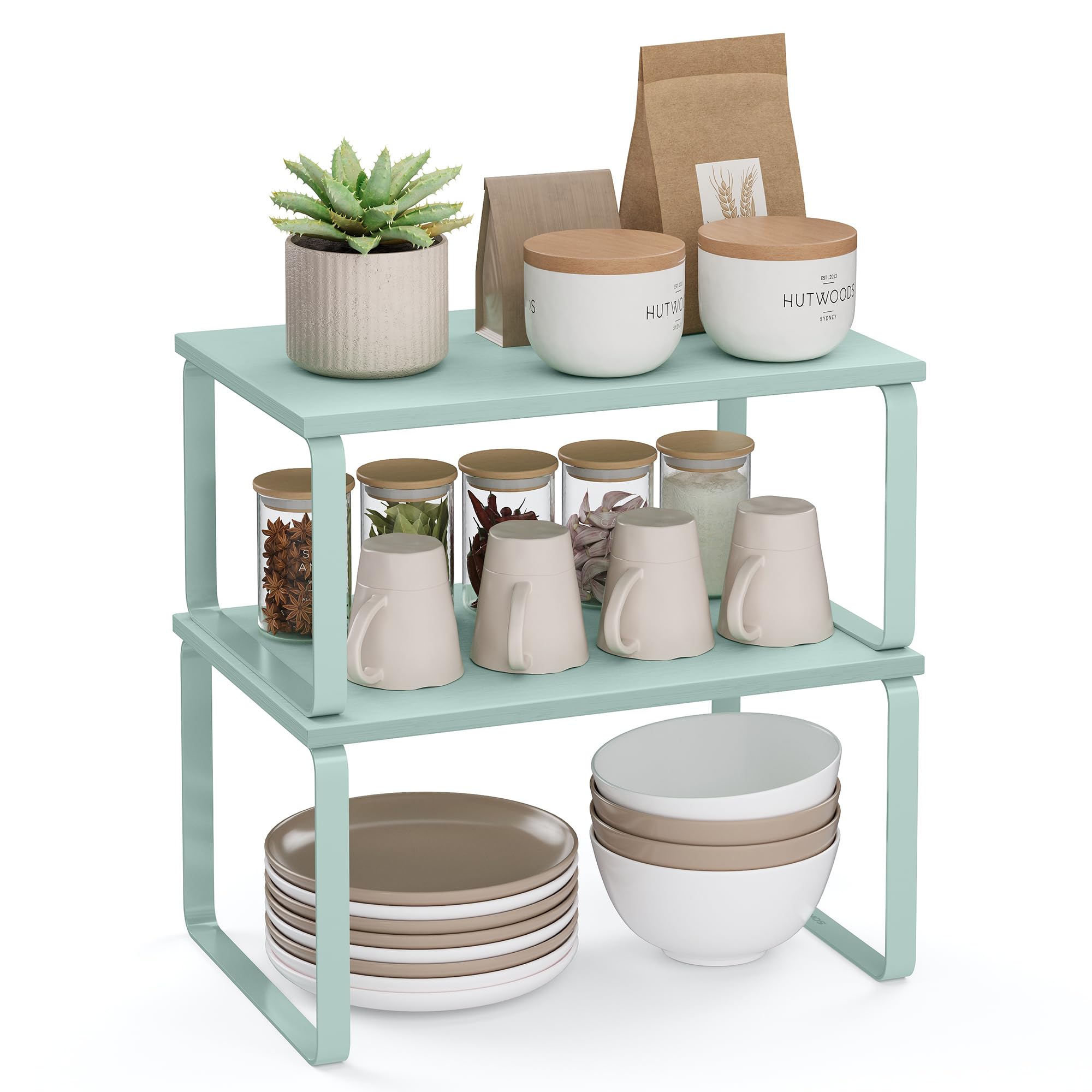 Set of 2 Expandable Kitchen Spice Rack Stackable, Moonlight Green