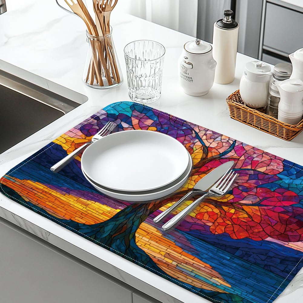 INFUNLY Tapis d'égouttoir à vaisselle Motif arbre de vie - En microfibre absorbante - Antidérapant - 60 x 45 cm - Pour table, plan de travail, évier, café, bar