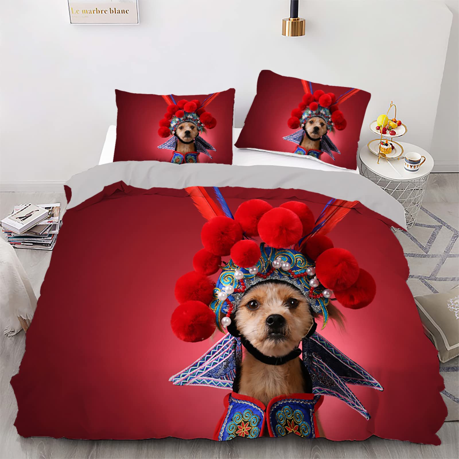 Housse de couette 220x240 microfibre 110g respirante motif chien rouge