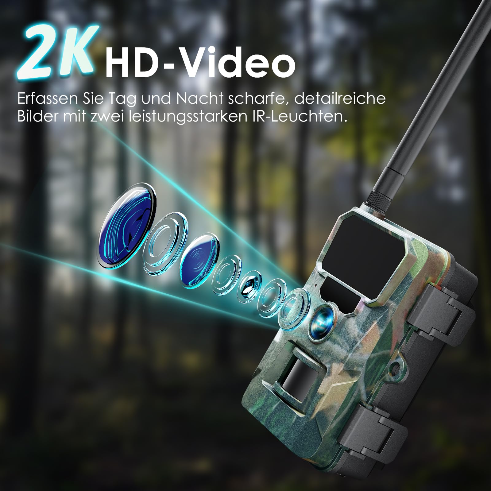 WOLFANG 4G Wildkamera mit Handyübertragung App, 48MP 2K Jagdkamera mit 850nm kein Glühen Nachtsicht mit 2.0'TFT Display, IP66 Wasserdicht für die Jagd Wildlife Scouting Garten Haus Sicherheit