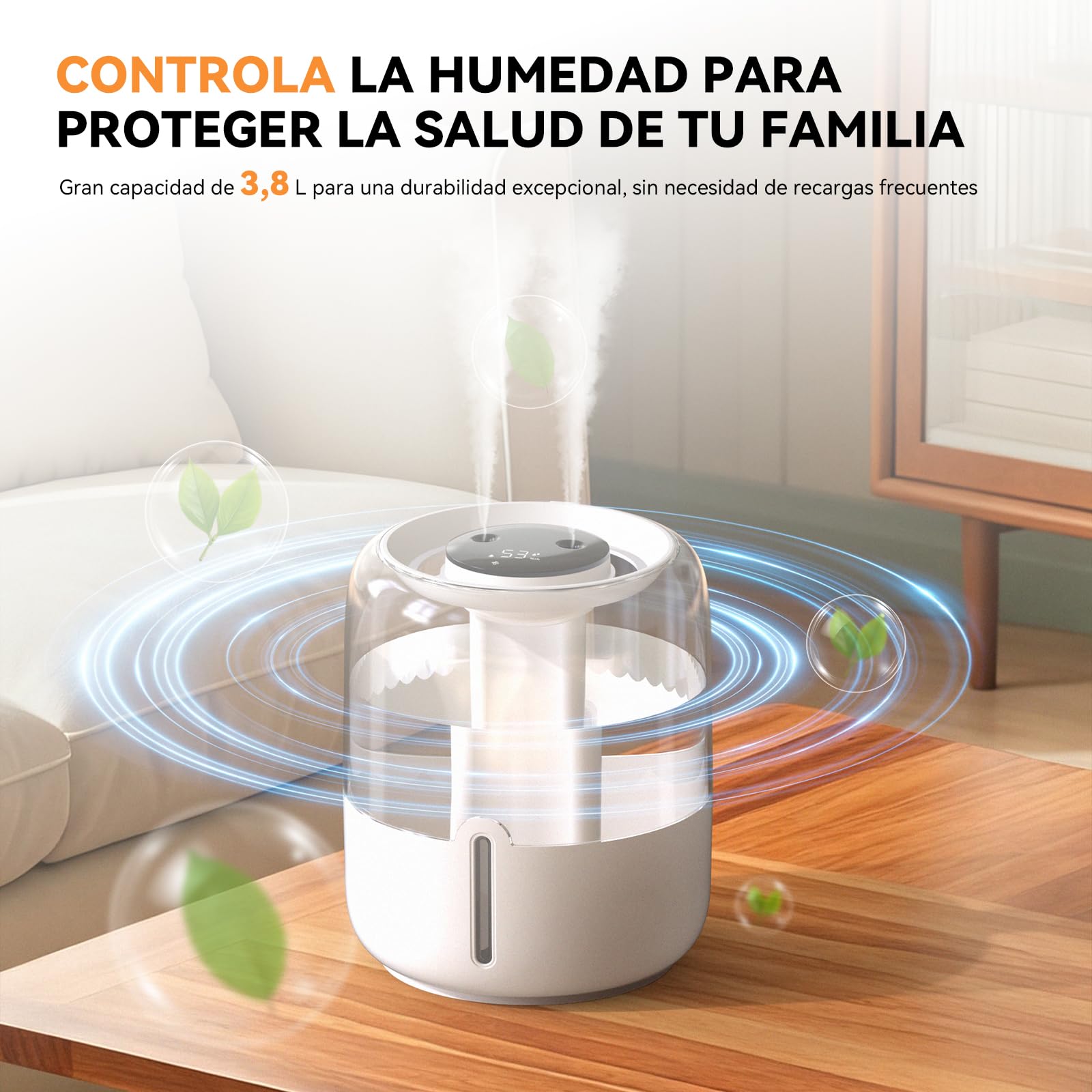 Humidificador 3.8L Top-Fill Silencioso 36dB 30H Autonomía Luz Nocturna Apagado Automático para Bebés y Plantas