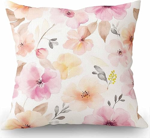 Swono Funda de almohada floral rosa y morada de 18 x 18 pulgadas, decoración del hogar, funda de almohada de lino y algodón para sofá