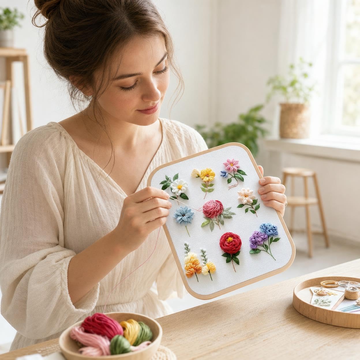 Yunmeryker Kit Broderie Débutant Complet, Activité Manuelle Adulte DIY, Motif Effaçable & Tutoriel Vidéo, Avec bien Sans Tambour, Kit de broderie DIY (avec cerceau à broder)