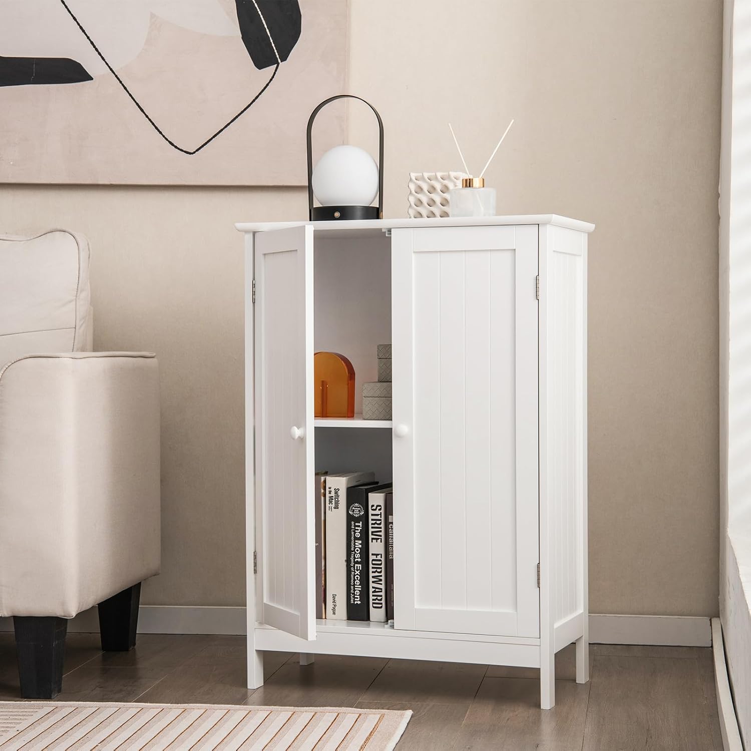 MAT EXPERT Bathroom Storage Cabinet, Bathroom Floor Cabinet w/Doors, Adjustable Shelf & Anti-Tipping Device, Wooden Bathroom Cabinets Freestanding for Living Room, Kitchen & Entryway (White)
