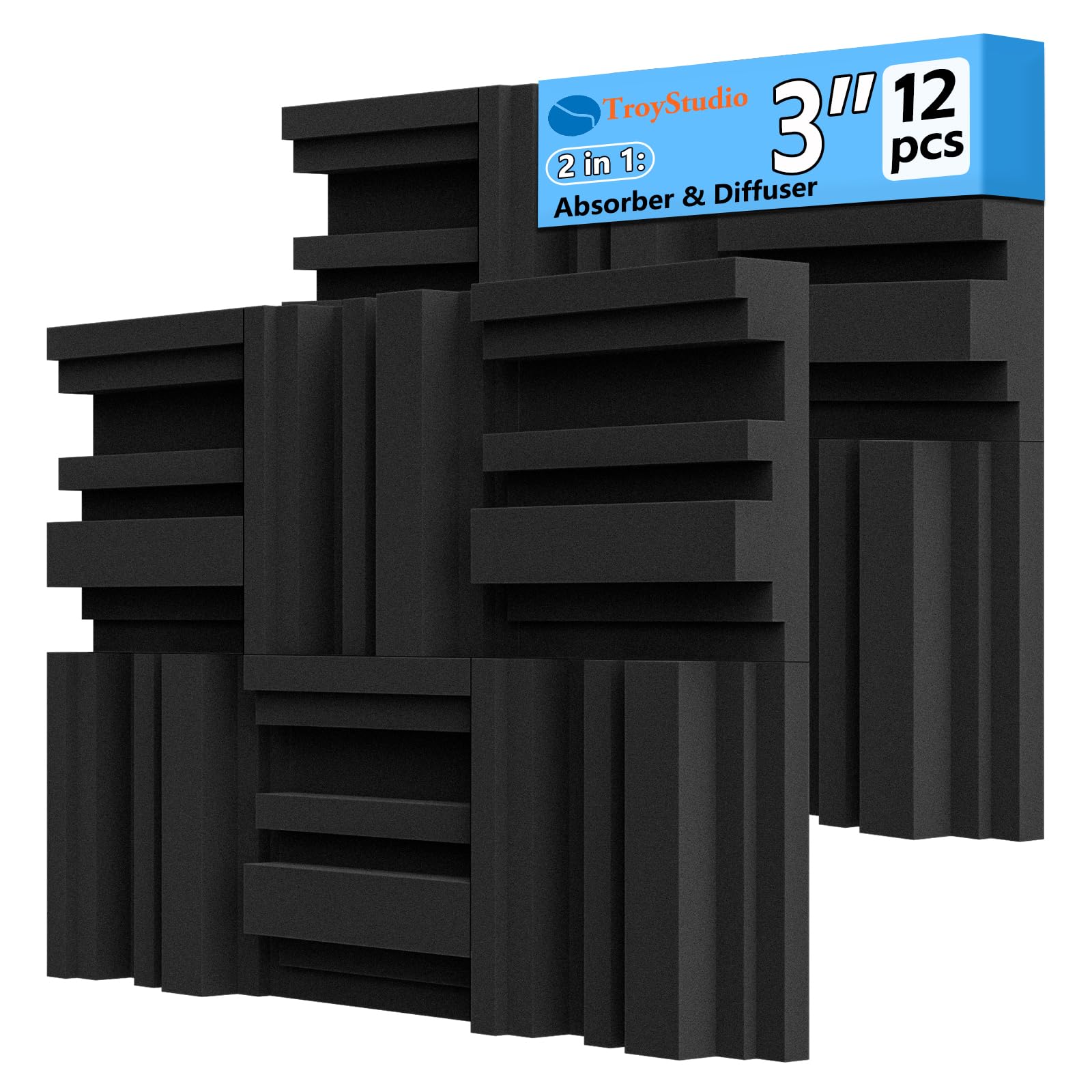 TroyStudio Lot de 12 panneaux acoustiques en mousse épaisse de 30,5 x 30,5 x 7,6 cm avec motif de diffusion, diffuseur de mousse haute densité, insonorisant, pour studio d'enregistrement, bureau à