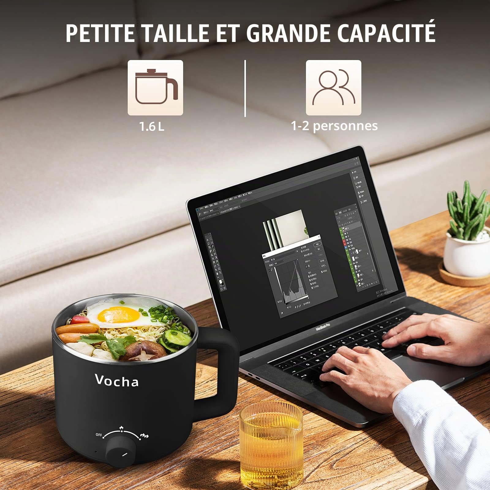 Vocha Multicuiseur Electrique, petite marmite électrique en acier inoxydable 1,6 L, hot pot électrique portable pour chambre d'étudiant/studio/hôtel/camping/bureau - Noir
