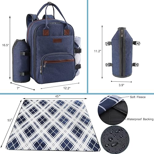 Miniatura 2 de ALLCAMP OUTDOOR GEAR Juego de mochila de picnic para 2 personas con soporte desmontable para botellasvino, manta de forro polar, juego de platos y