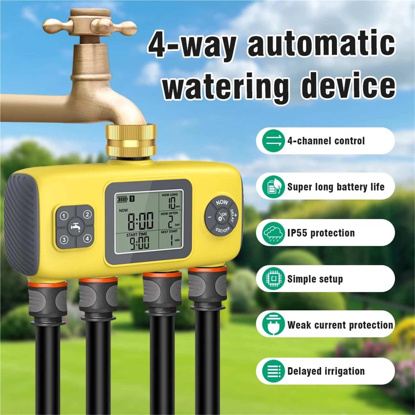 Timer acqua a 4 uscite Il più recente di irrigazione automatica da giardino a 4 zone Temporizzazione intelligente degli irrigatori for il controller di irrigazione del giardino