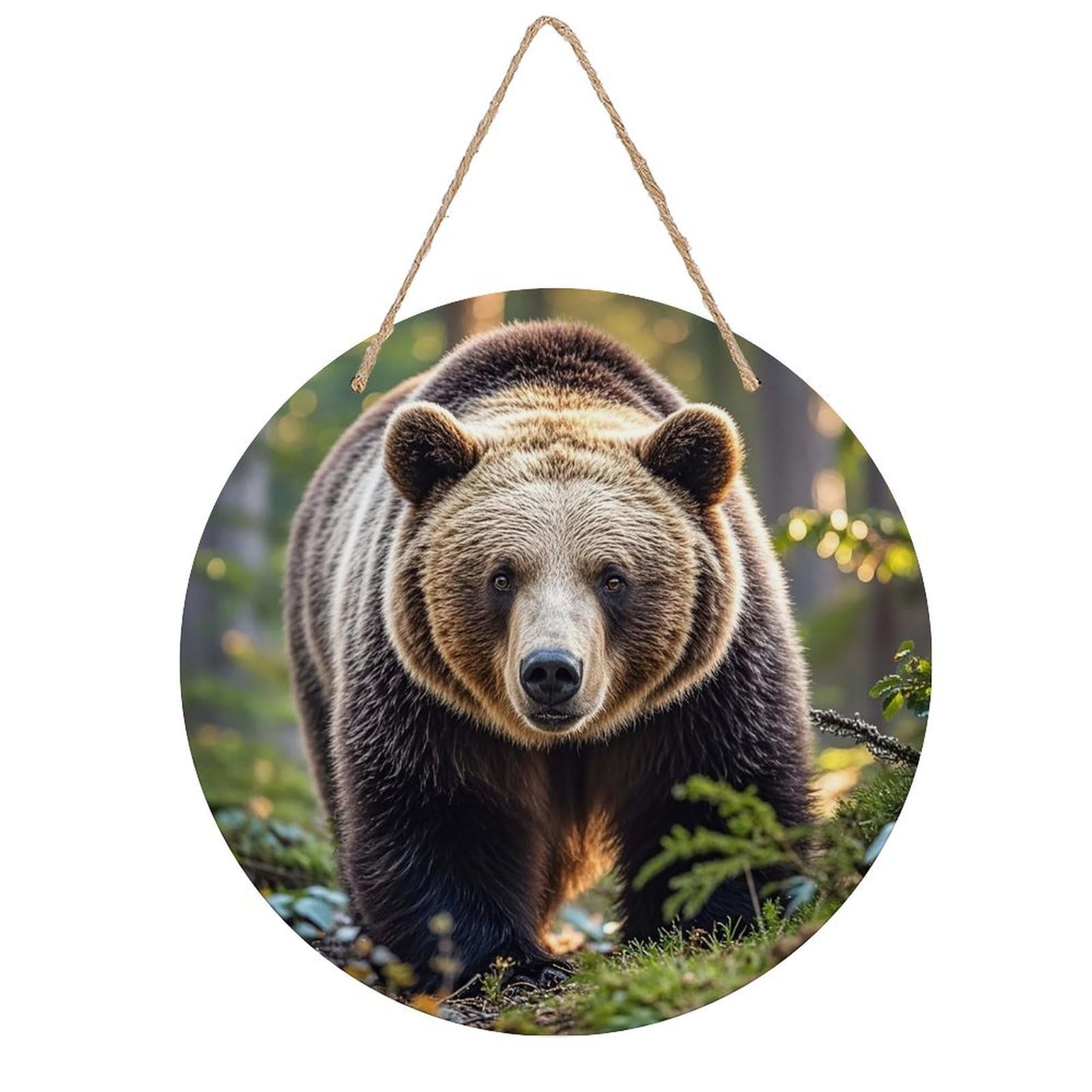 LZQPOEAS Bear Wall Art Decor Round Wood Hanging Sign Rustic Vintage Wooden Door Hanger with Ropes Decorative Plaque Welcome Sign for Home Indoor Outdoor, 7.9x7.9 in