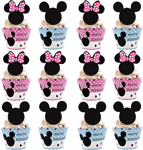 Mickey Minnie Cupcake Toppers 48 PCS Blue Mickey Pink Bow Minnie Cake Wrappers Toppers Pink Blue Cake Themed Party Decorations Kit for Baby Girls Children Birthday Party Cupcake Baby Shower Supplies