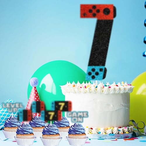Juego de 7 adornos para tartas con controlador de juego, juego de decoración de fiesta nocturna de 7 cumpleaños, para niños y niñas