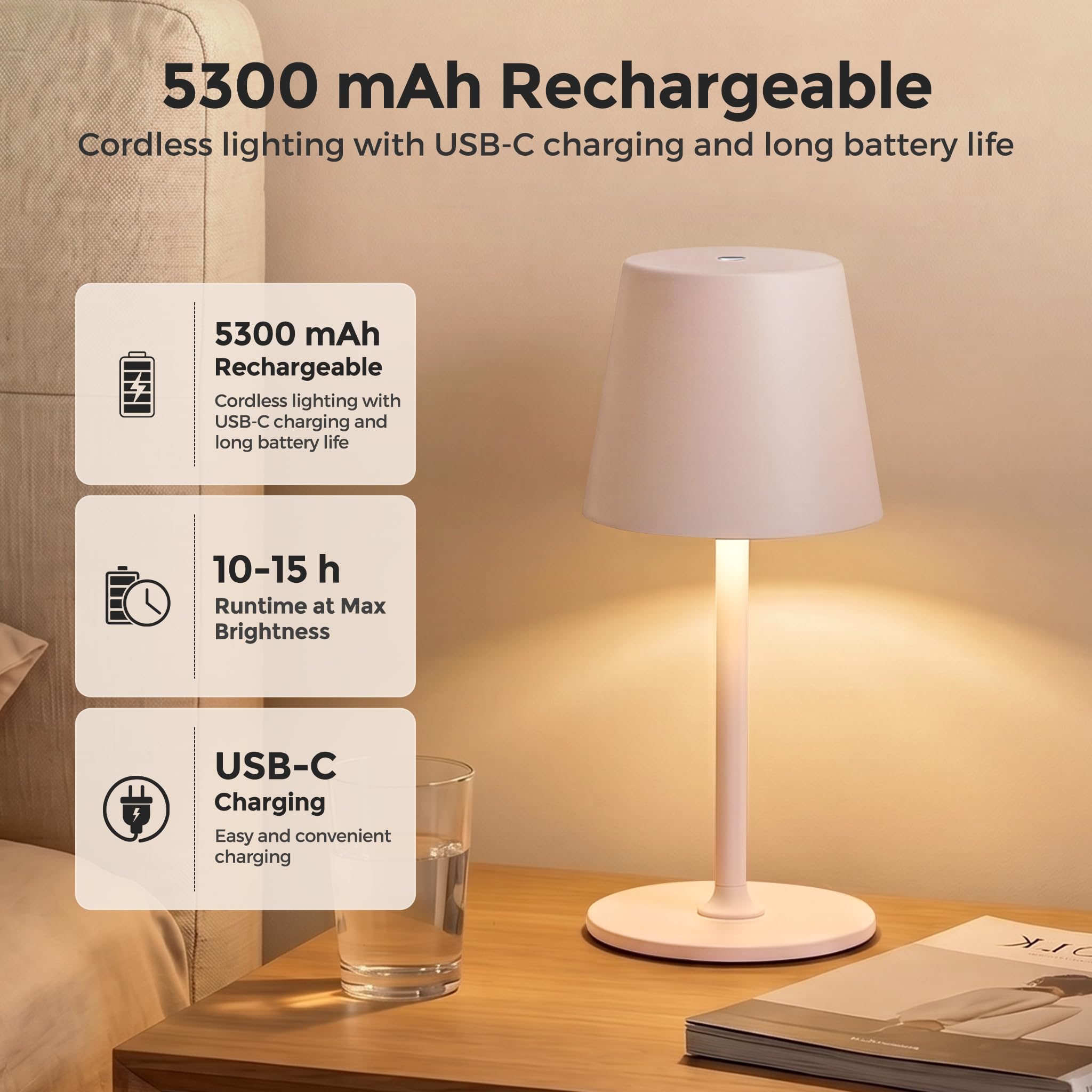 Lámparas de Mesa LED Inalámbrica, Lámpara Recargable de Mesita de Noche y Escritorio para Interior y Exterior – 3 Temperaturas de Color, Regulación Continua, Cuerpo Metálico, IP54, 5300 mAh