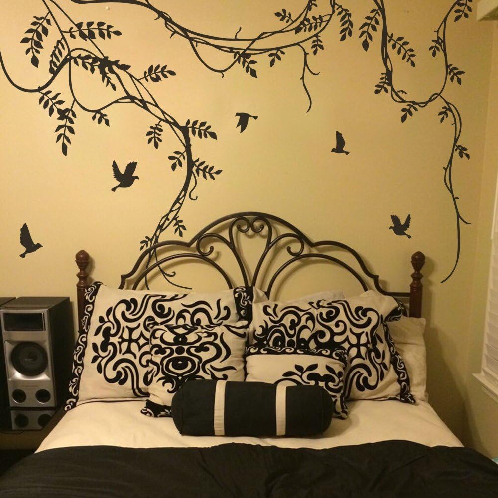 Tree Vine Wall Sticker Tree and Birds Wall Decal for Nursery Room, Master Bedroom (68" hx96 w,Lime-Tree Green)