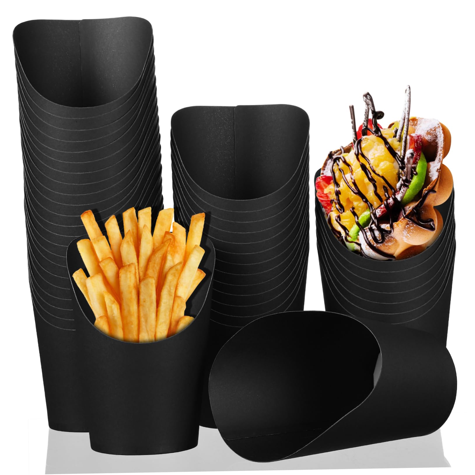 MAGICLULU 100 Pezzi Bicchieri Monoporzione in Carta Neri 14oz Apertura Obliqua per Patatine Fritte e Snack, Pratici e Facili da Usare per Feste e Casa