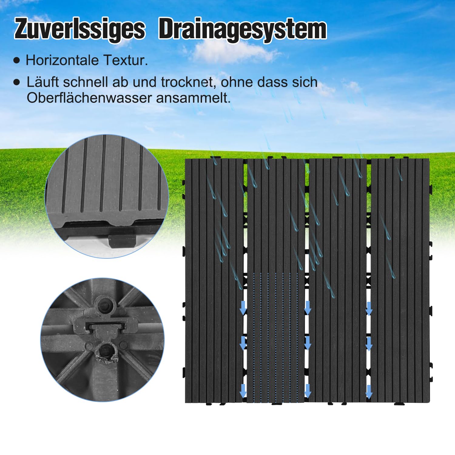 Ikodm WPC - Piastrelle per terrazze, 55 pezzi, 30 x 30 cm, piastrelle da giardino con sistema a clic, rivestimento per pavimenti con drenaggio, balcone, pavimento antracite effetto legno, 5 m²