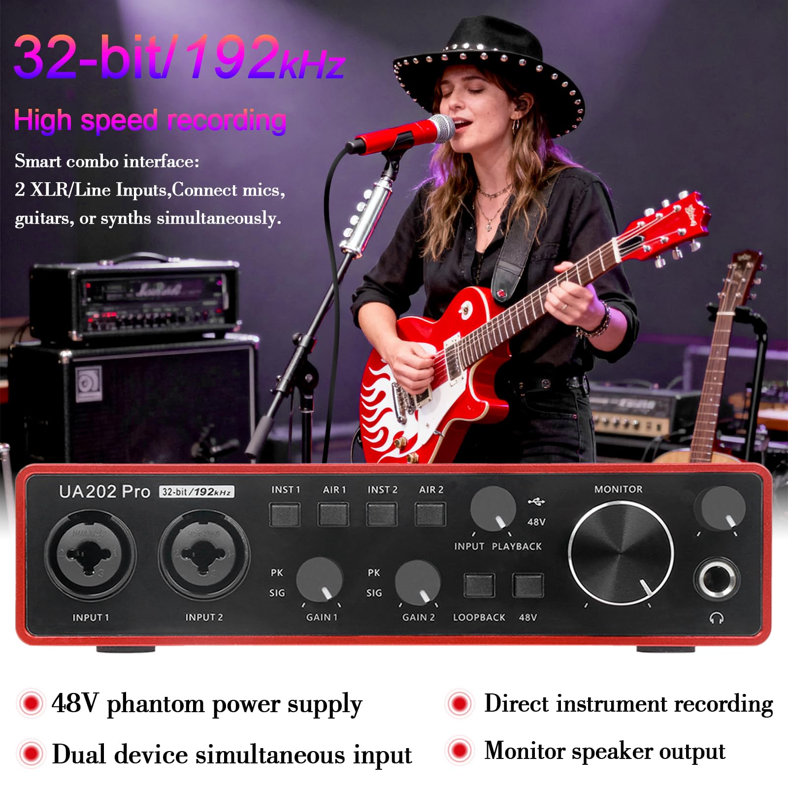 USB-Audio-Interface für Computeraufnahmen (rot), 2-Kanal-Gitarren-Audio-Interface, 32Bit/192kHz Podcasting Streaming mit 48V Phantomspeisung