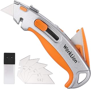 Retractable Box Cutter Utility Knife - WORKLION Safety Box Cutters Retractable Metal Cutter Tool With 5 Replacement Blades Heavy Duty Box Cutter Knife