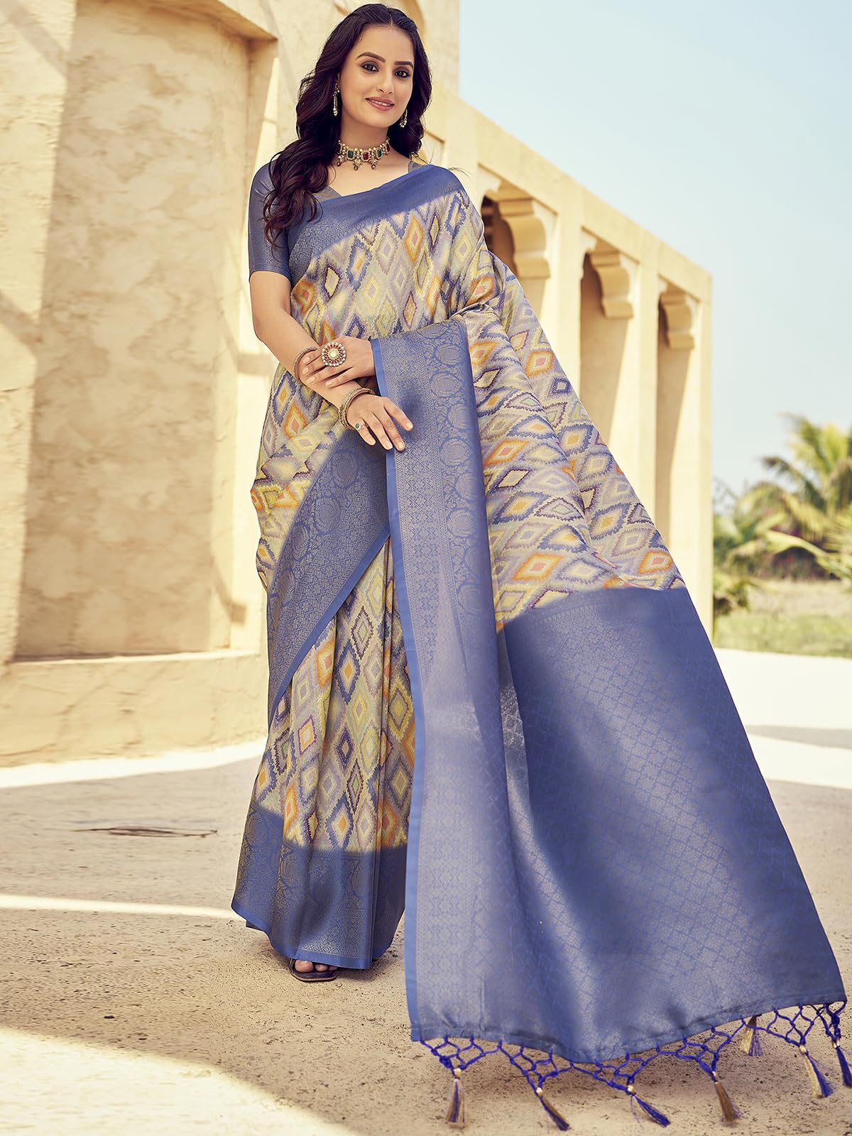 Satrani Women's Art Silk Digital Printed Jacquard Ready To Wear Saree With Unstitched Blouse Piece (6Rs107N_Blue & Multi)