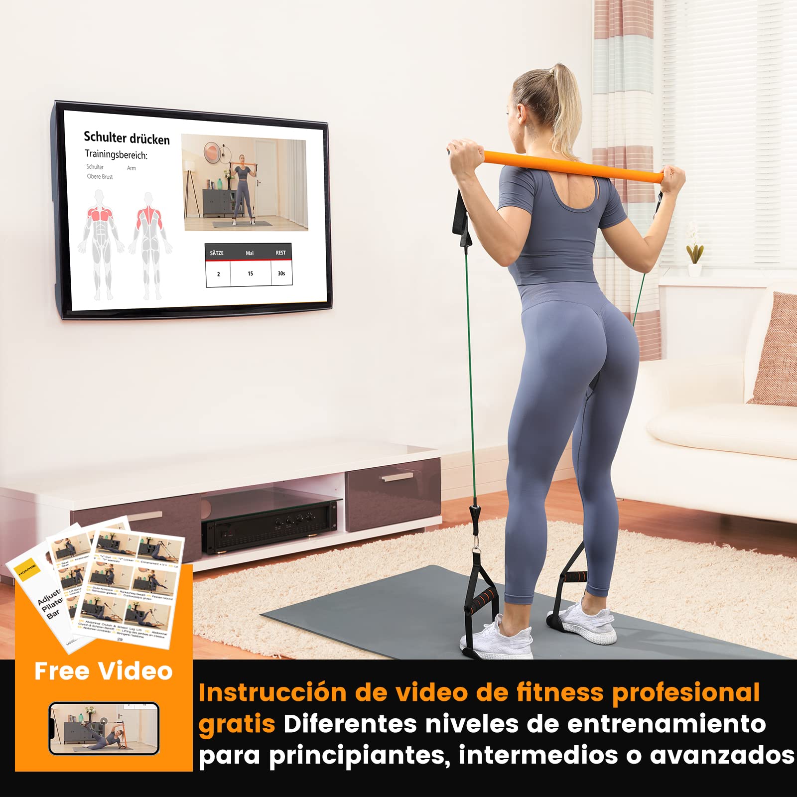 Barra de Pilates, Hommie Barra de Resistencia Ajustables y Removibles con 6 Bandas Resistencia 20/30/40lbs y Vídeo Instructivo, Barra Pilates para Fitness en Casa para Hombre y Mujer