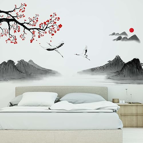 Miniatura 3 de Calcomanías de pared de pintura de paisaje de estilo japonés, calcomanías de pared de flor de cerezo, dormitorio, sala de estar, sofá, TV, fondo,
