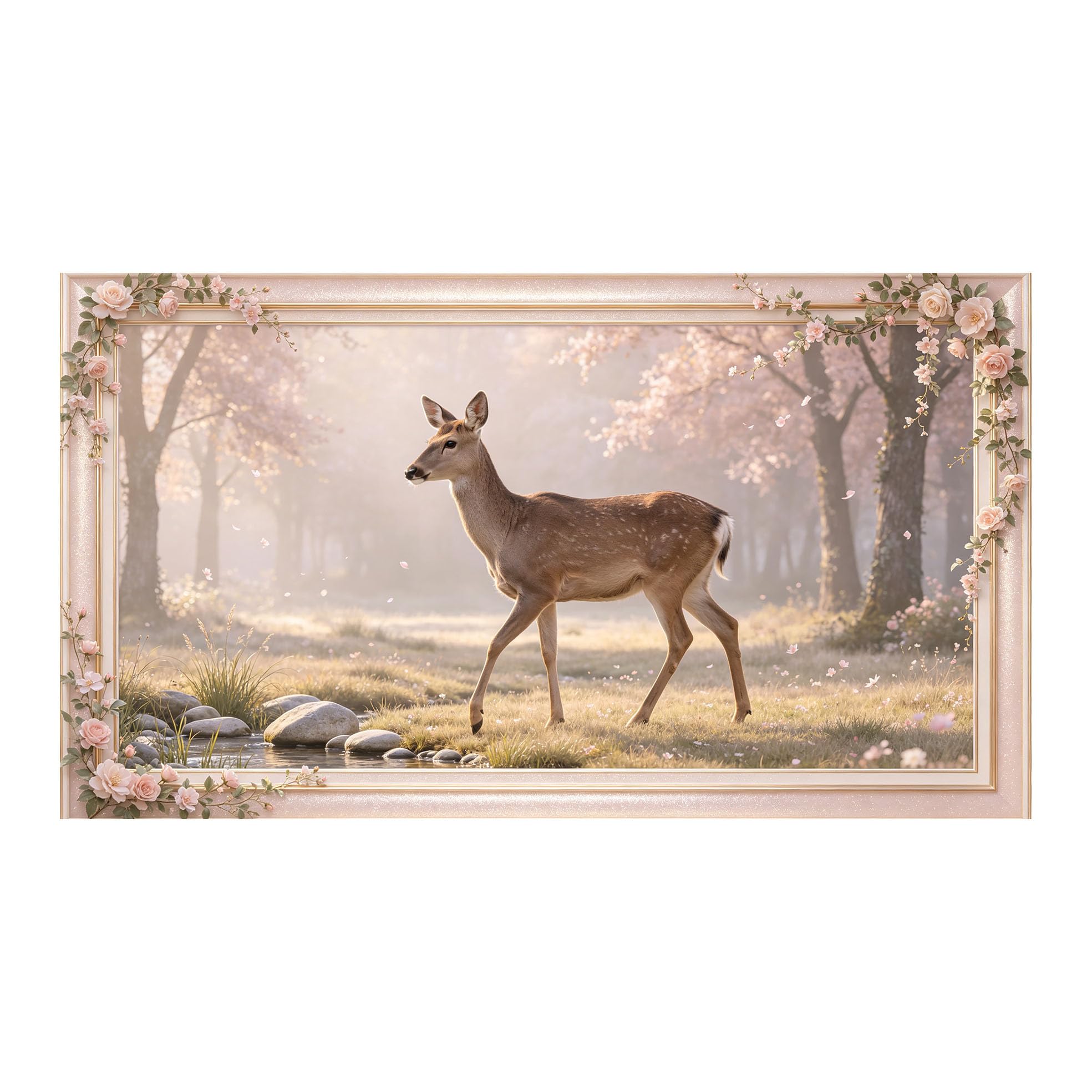 Murasolite 3D 3D Framed Wall Art 50cm×90cm Deer in Spring Forest Landscape Romantic Pastoral Style SelfAdhesive Fabric Mural Wall Decor, Peel and Stick No Damage to Wall for Bedroom Living Room