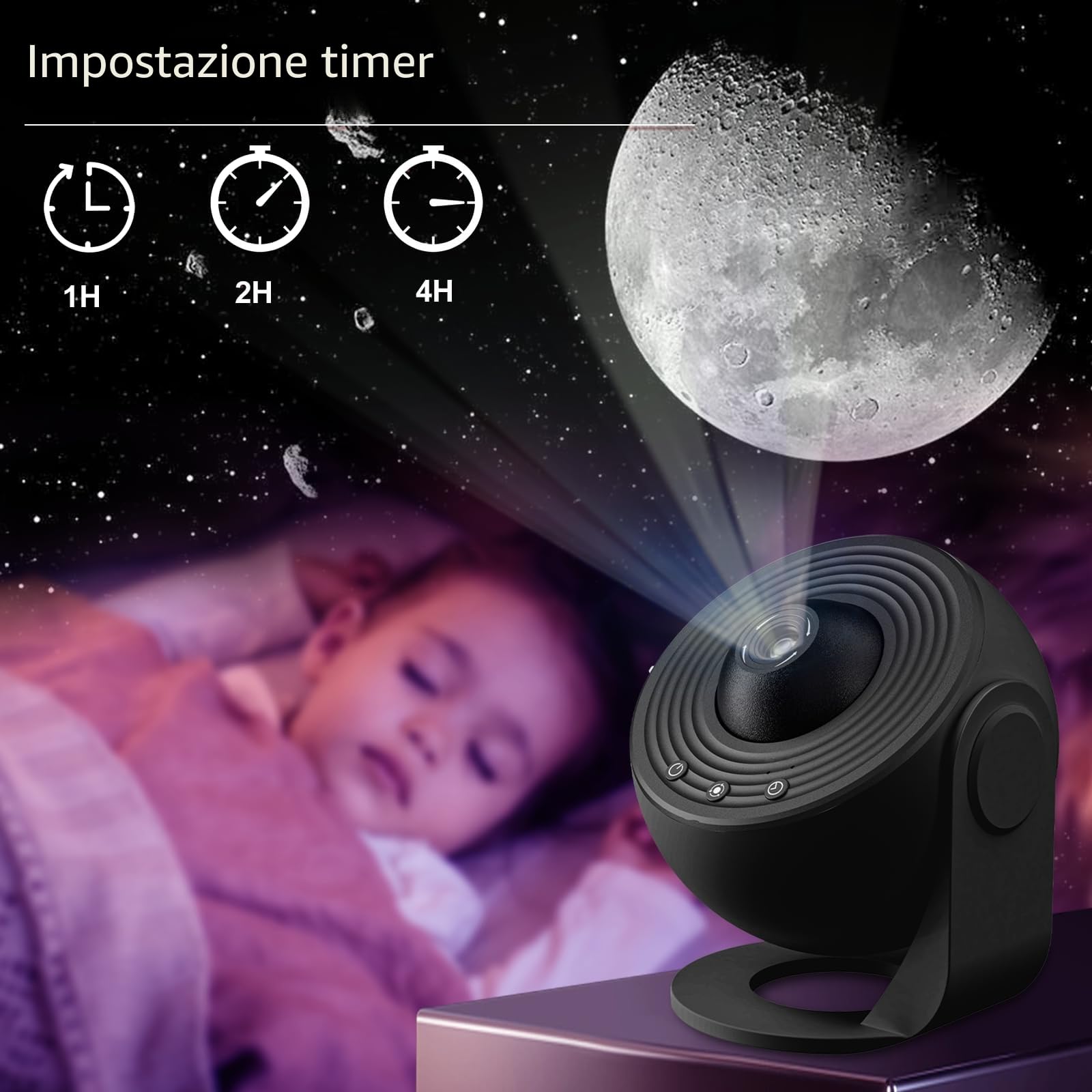 CUTEEEE Proiettore Stelle Soffitto Bambini e Adulti – Proiettore Planetario con 13 Dischi: Luna, Sistema Solare, Nebulose – Lampada Cielo Stellato con Timer e Angolo Regolabile a 360°
