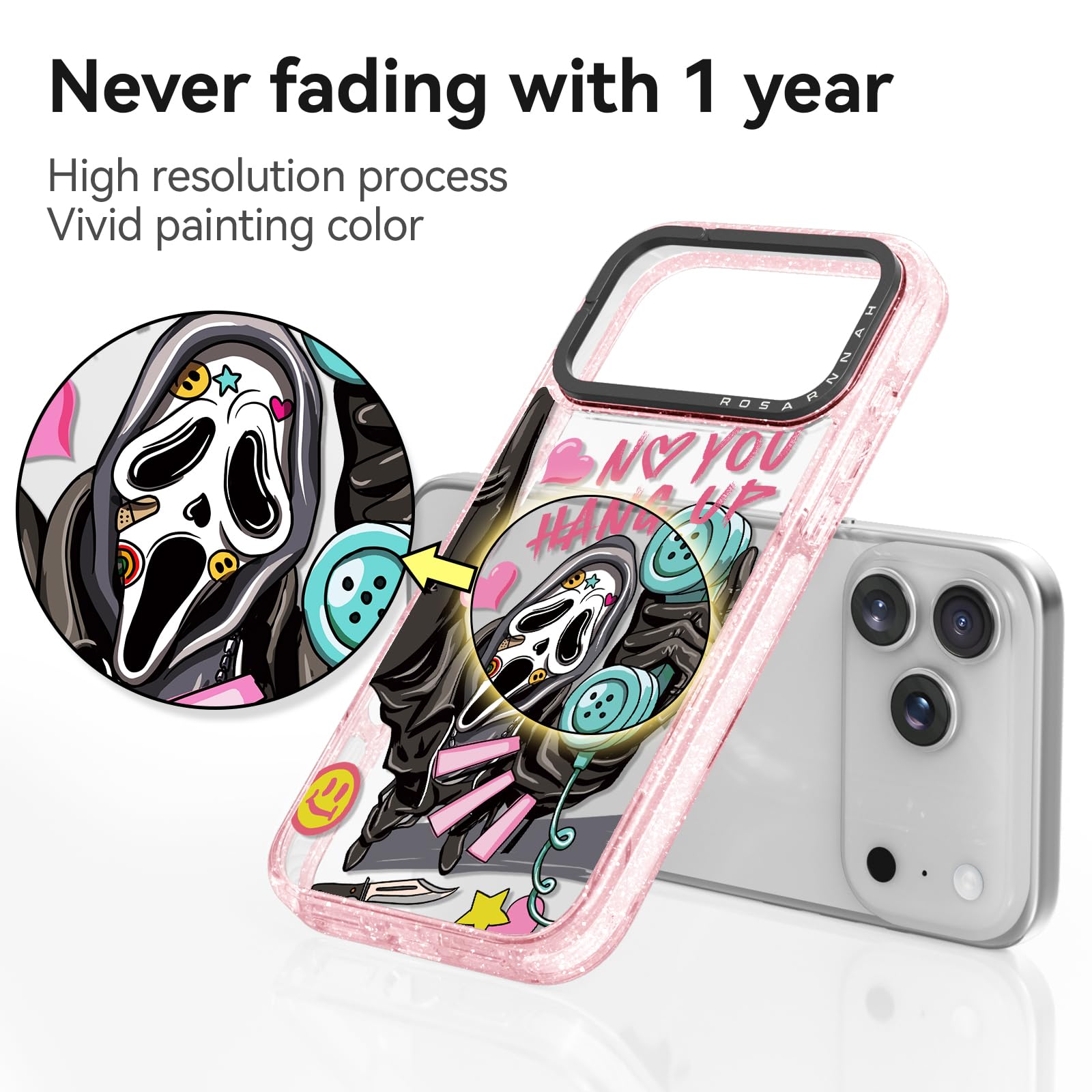 Rosarnnah for iPhone 14 Pro Case Cute - Durable Shockproof 6.6 ft Drop Impact Phone Case - Funny Skeleton Design (6.1") Glitter Pink: iPhone 17 Pro Basic Case Skeleton