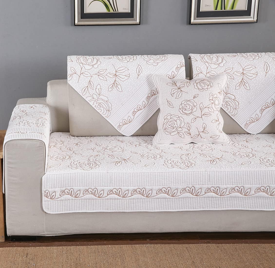 XSlive Farmhouse Rose Embroidered Sofa Cover Cotton Quilted
