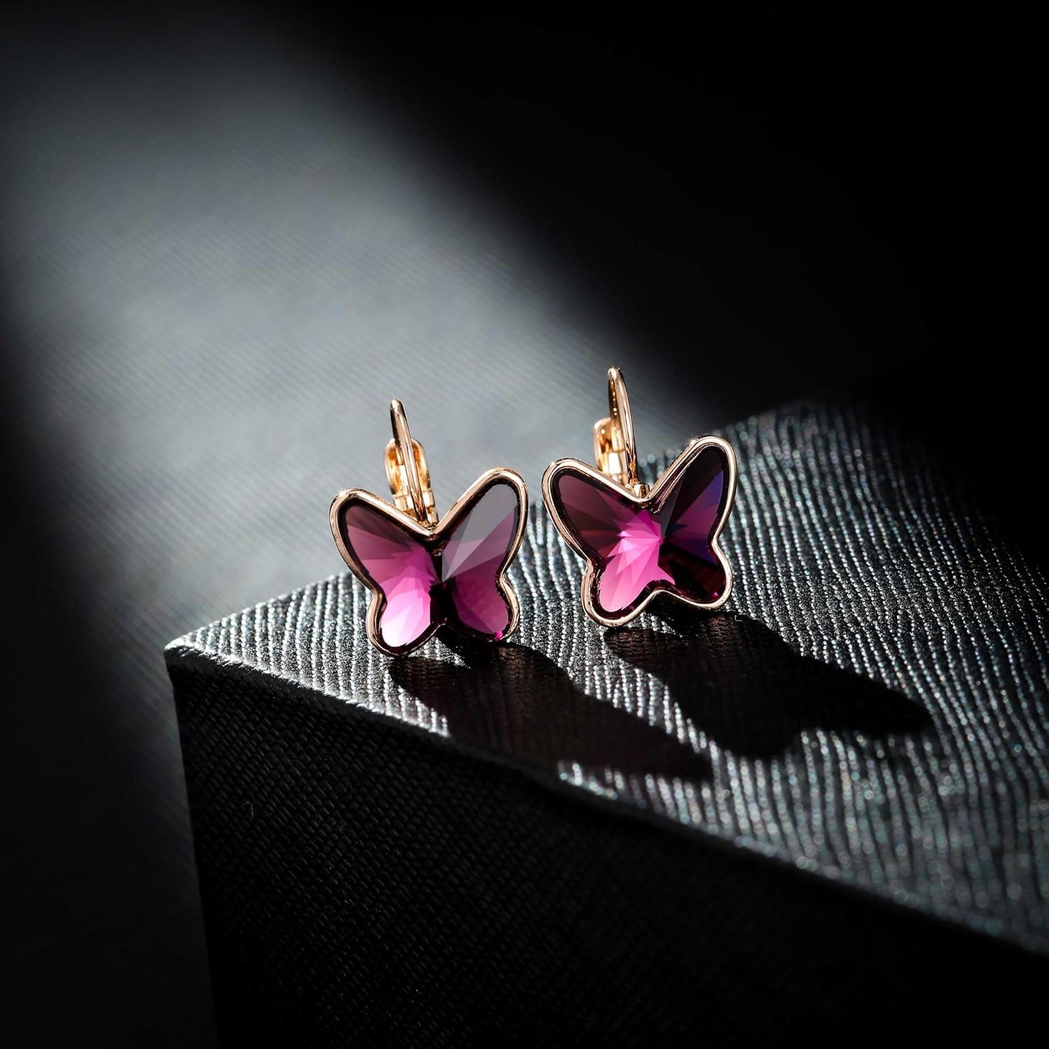 EVEVIC Austrian Crystal Butterfly Earrings Drop Leverback Earrings for Women 14K Rose Gold Plated Hypoallergenic Jewelry Gifts - Image 5