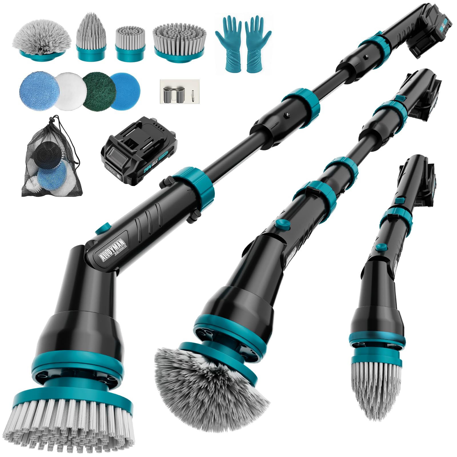 1000RPM Electric Spin Scrubber, 20V Cordless Cleaning Brush with Adjustable Extension Arm, 4 Replaceable Cleaning Heads, Hook and Gloves, 1 Hour Fast Charge, Waterproof - for Bathroom/Tub/Tile/Floor