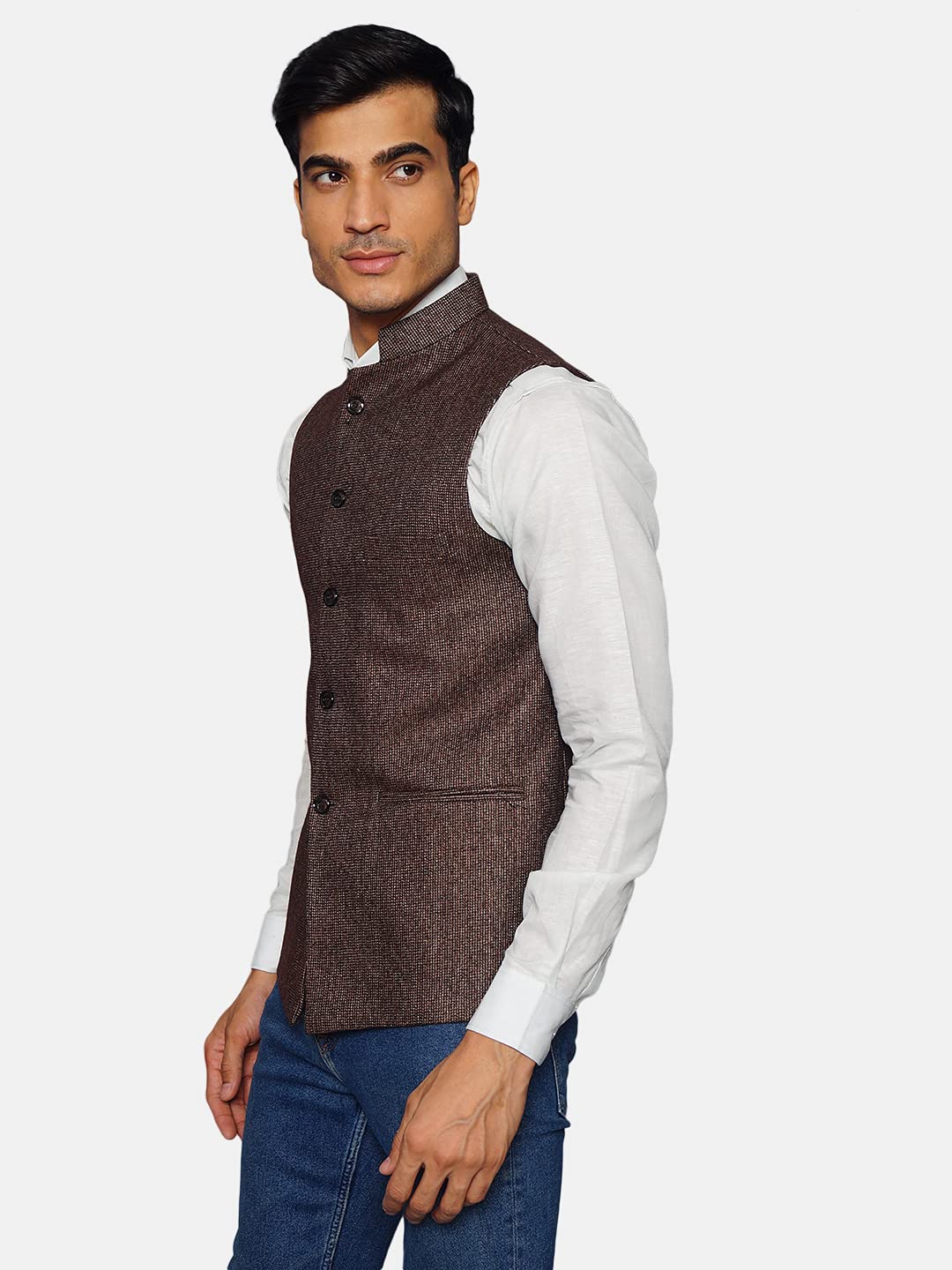 WINTAGE Men's Tweed Bandhgala Festive Nehru Jacket Waistcoat Brown - Image 2 thumbnail