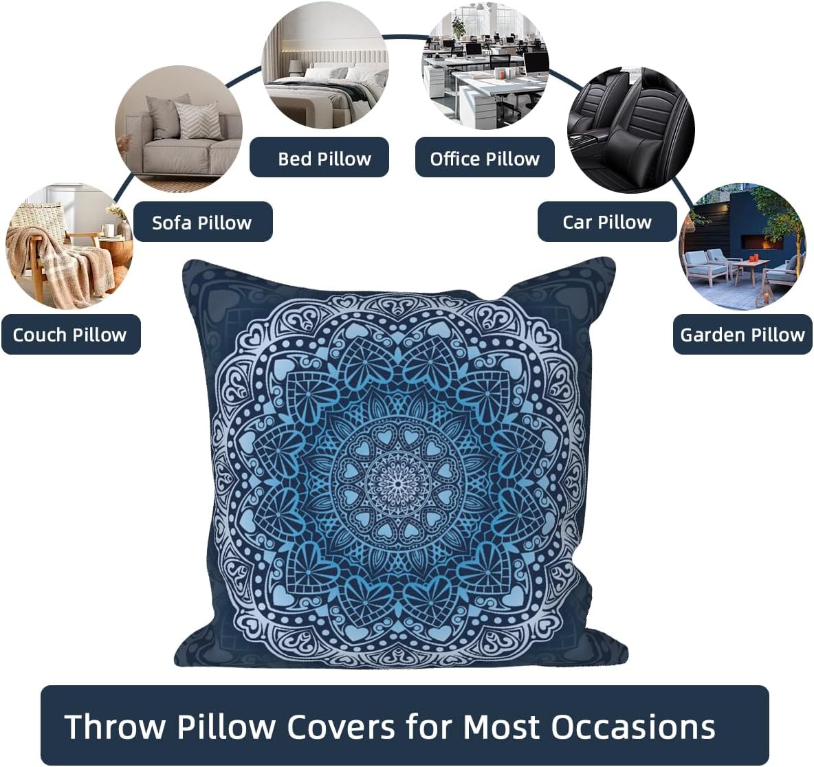 4 Pcs/Set Boho Pillow Covers Bohemian Ethnic Floral Mandala Compass Abstract Vintage Hippie Outdoor Linen Throw Pillow Cases for Couch Sofa Farmhouse Decorative, 20"x20", Blue White