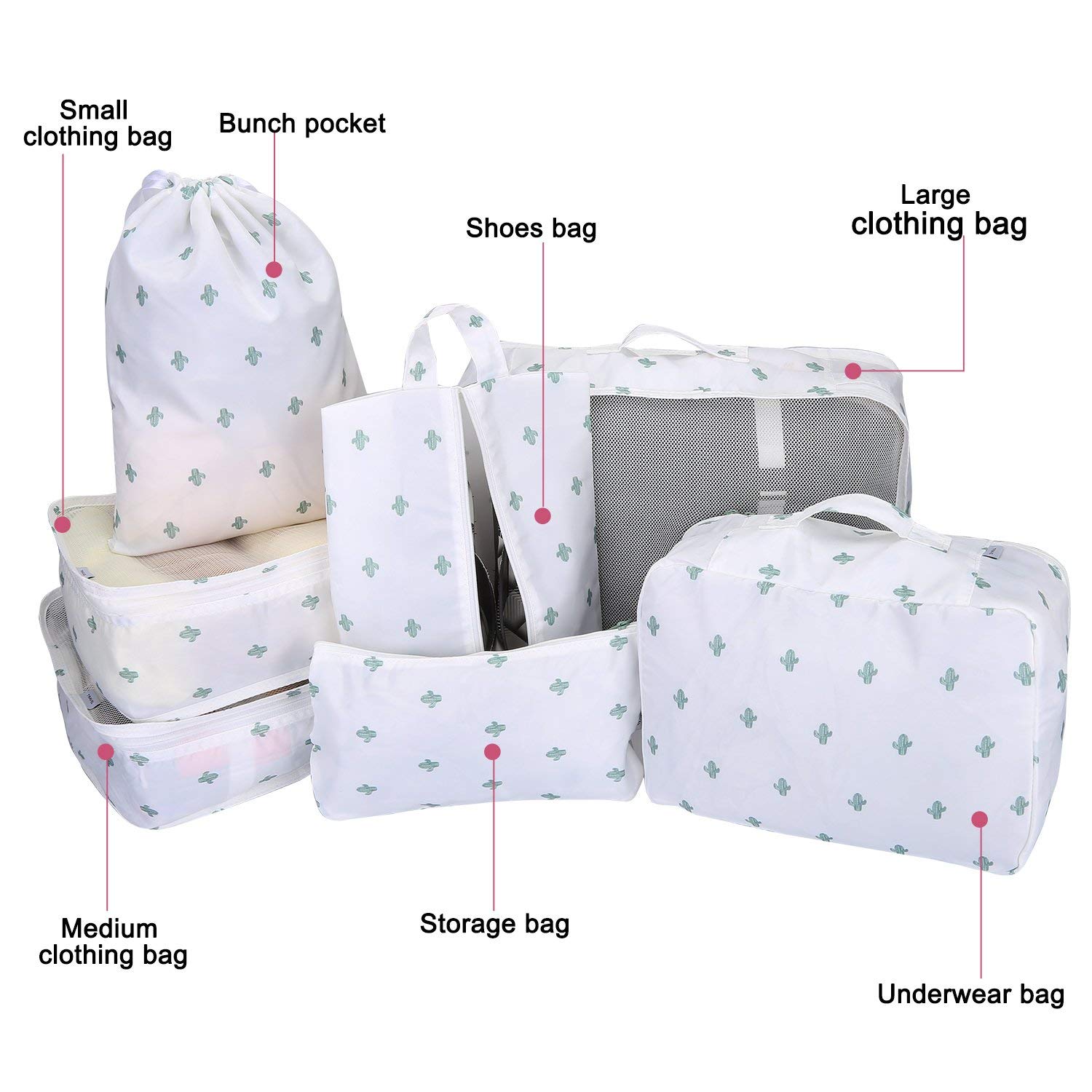 House of Quirk Polyester 7 Set Travel Organizer Bag 3 Packing Cubes + 3 Pouches + 1 Toiletry Organizer Bag, (White Cactus), 31 Centimeters, 12 Centimeters 1