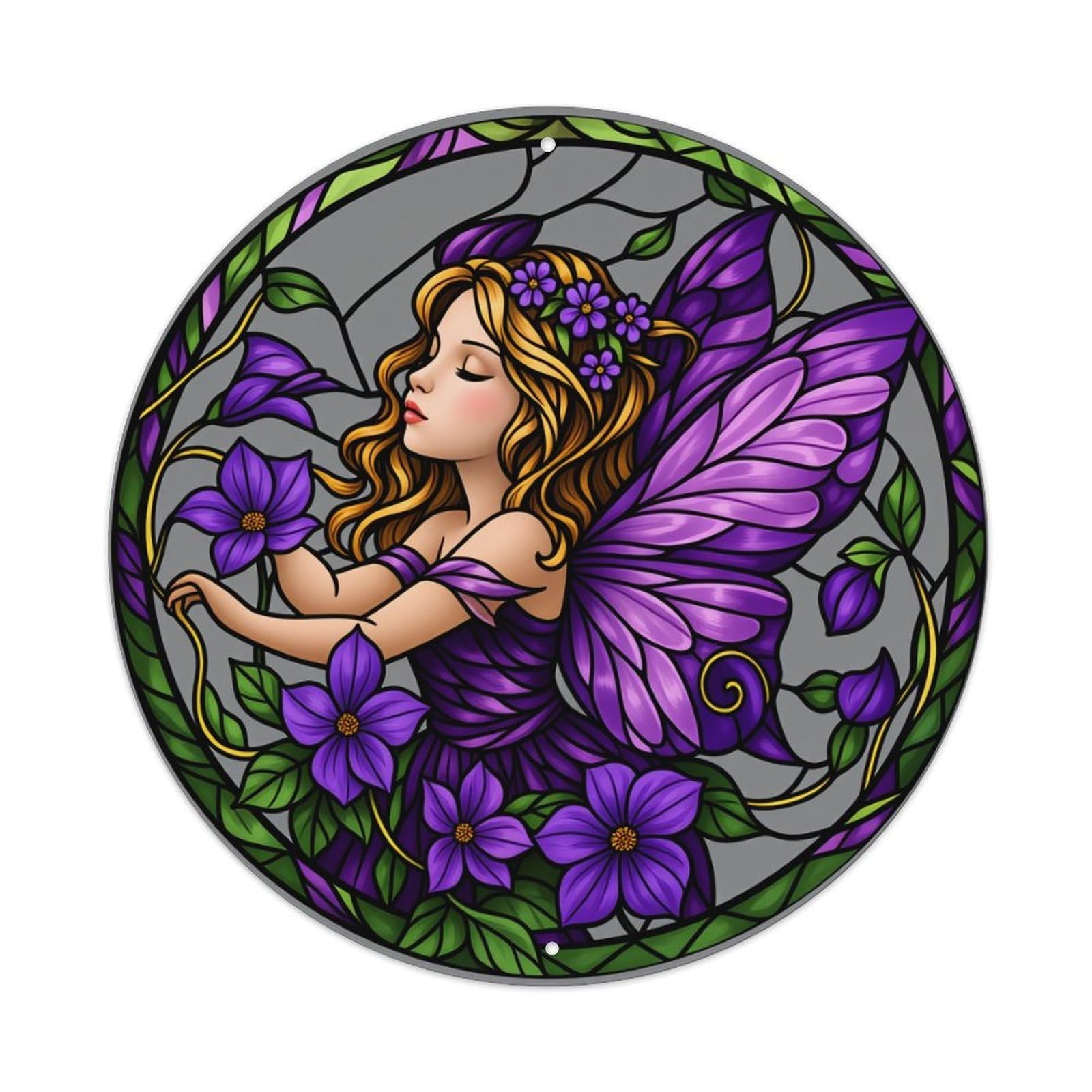 Fairy With Purple Wings And Flowers Round Tin Sign Vintage Style Metal Sign Home Bar Garden Wall Plaque Decor Metal Poster 8x8 Inch