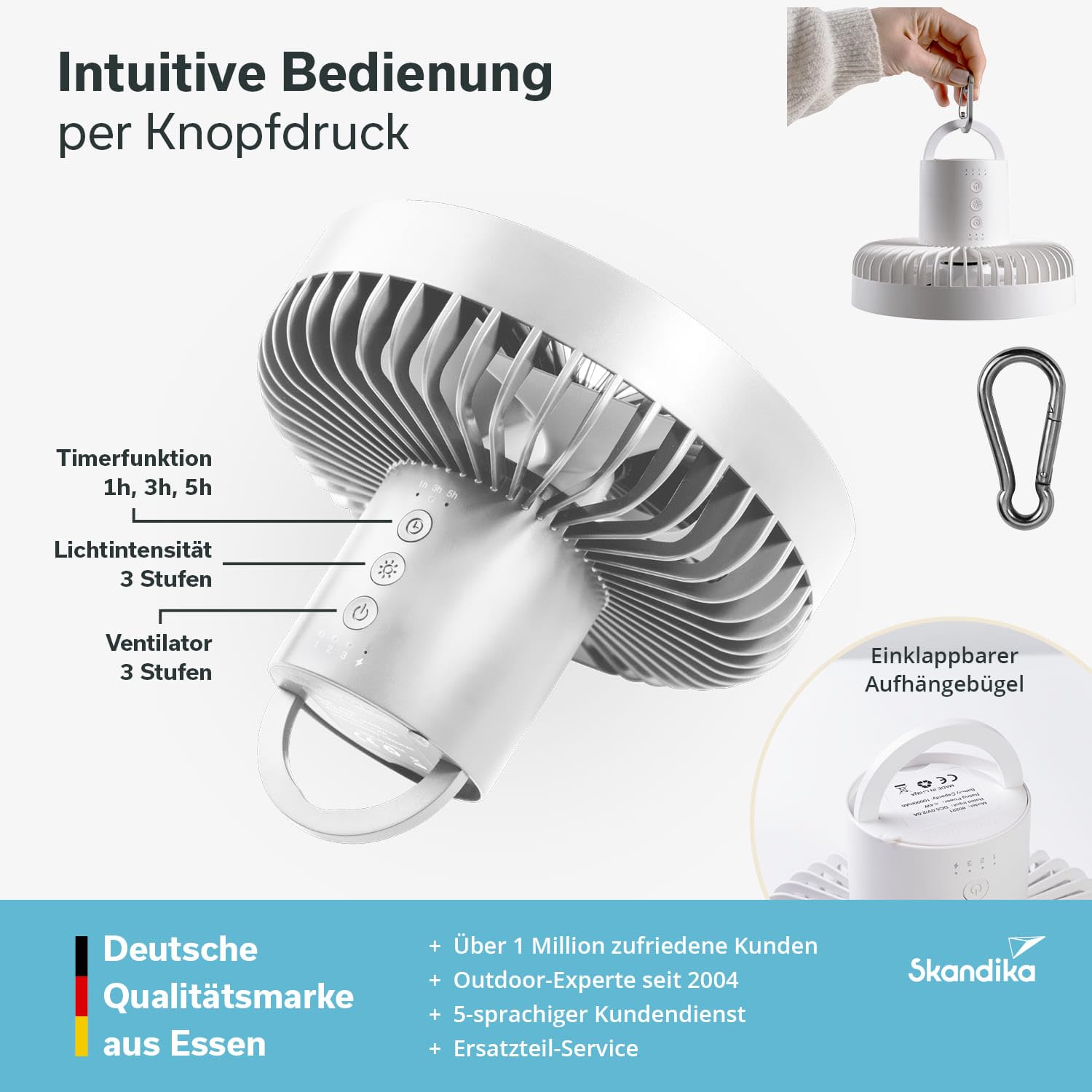 Skandika lampa kempingowa Solvind LED z wentylatorem | 3w1 z powerbankiem, ładowana USB-C, stojąca, wisząca, światło pierścieniowe białe, ścieminiania, na stojaku | lampka turystyczna, namiotowa