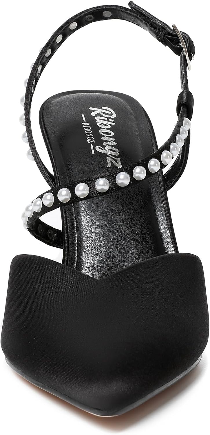 RINBONGZ Women's Pearl High Heels Pointed Closed Toe Wedding Shoes for Bride Stiletto Ankle Strap Satin Pumps Elegant Bridal Formal Party Evening Work Dress Shoes - Image 8