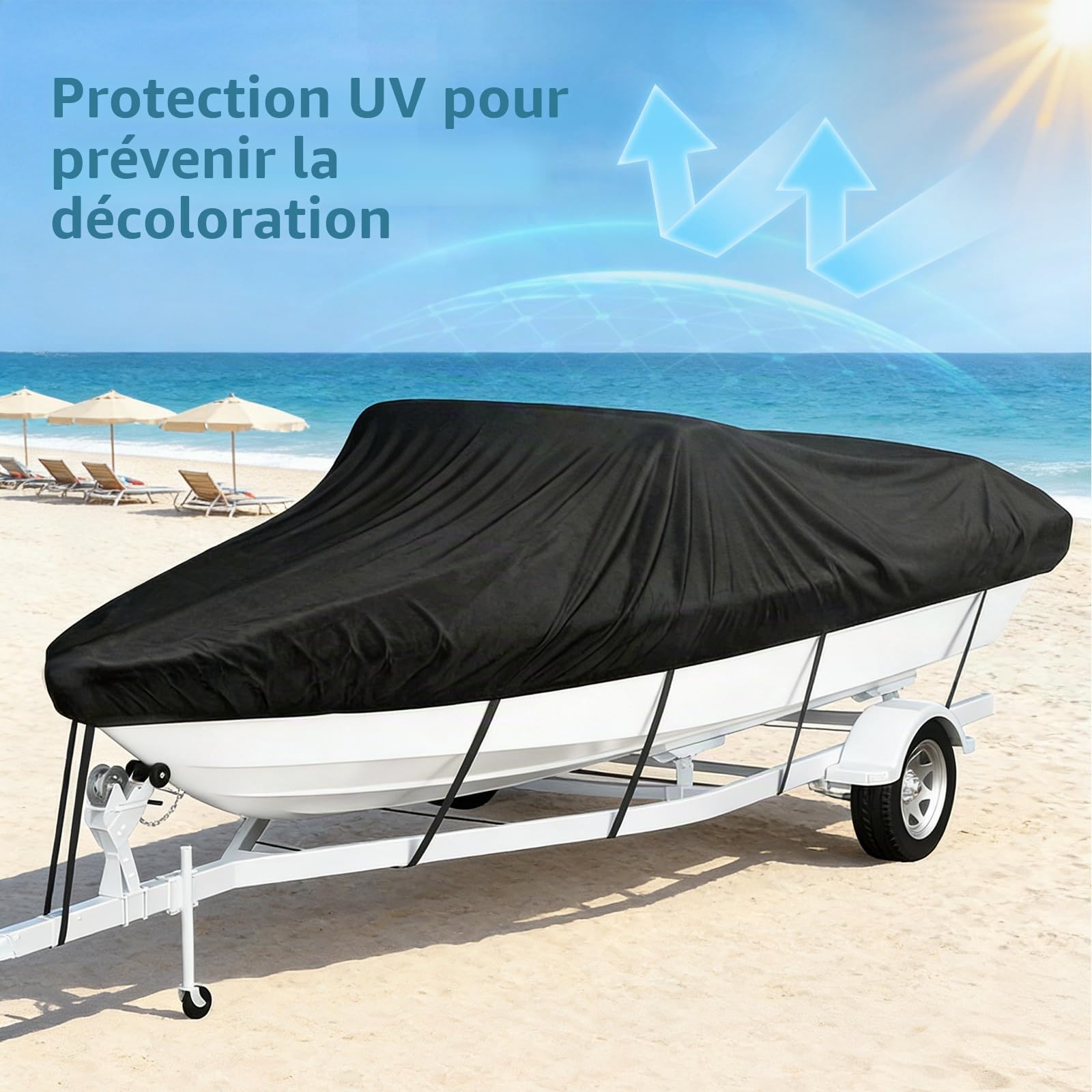 Bâche pour bateau étanche, bâche Oxford 420D pour bateau, bâche de bateau résistante aux UV et à la poussière pour yacht, vedette rapide, bateau de pêche, coque en V, bateau à rames (6,1-6,7 m)