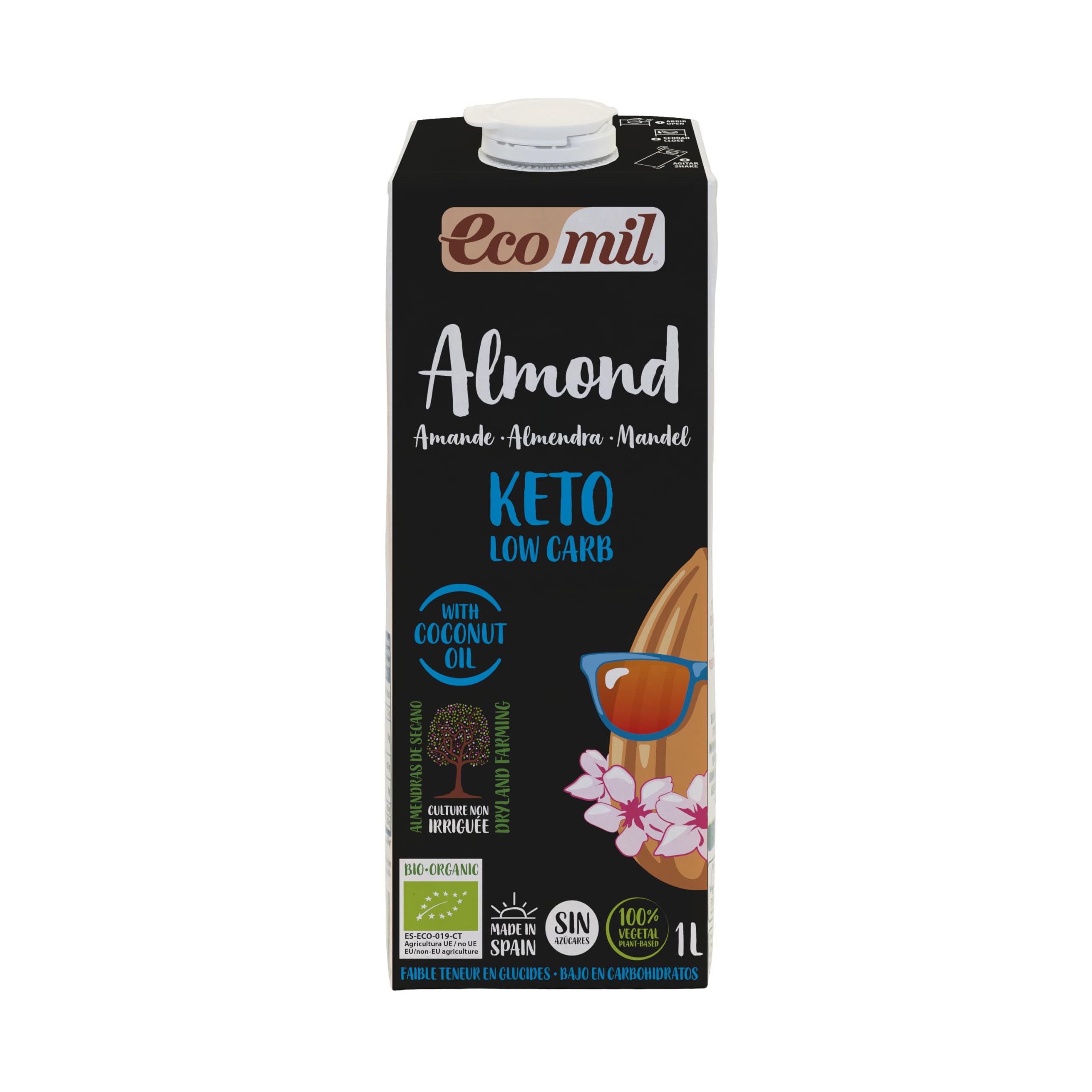 Ecomil Almond Nature Keto Bio 1L Bebida Vegetal Ecológica Sin Azúcares Añadidos Sin Gluten Sin Lactosa Vegana