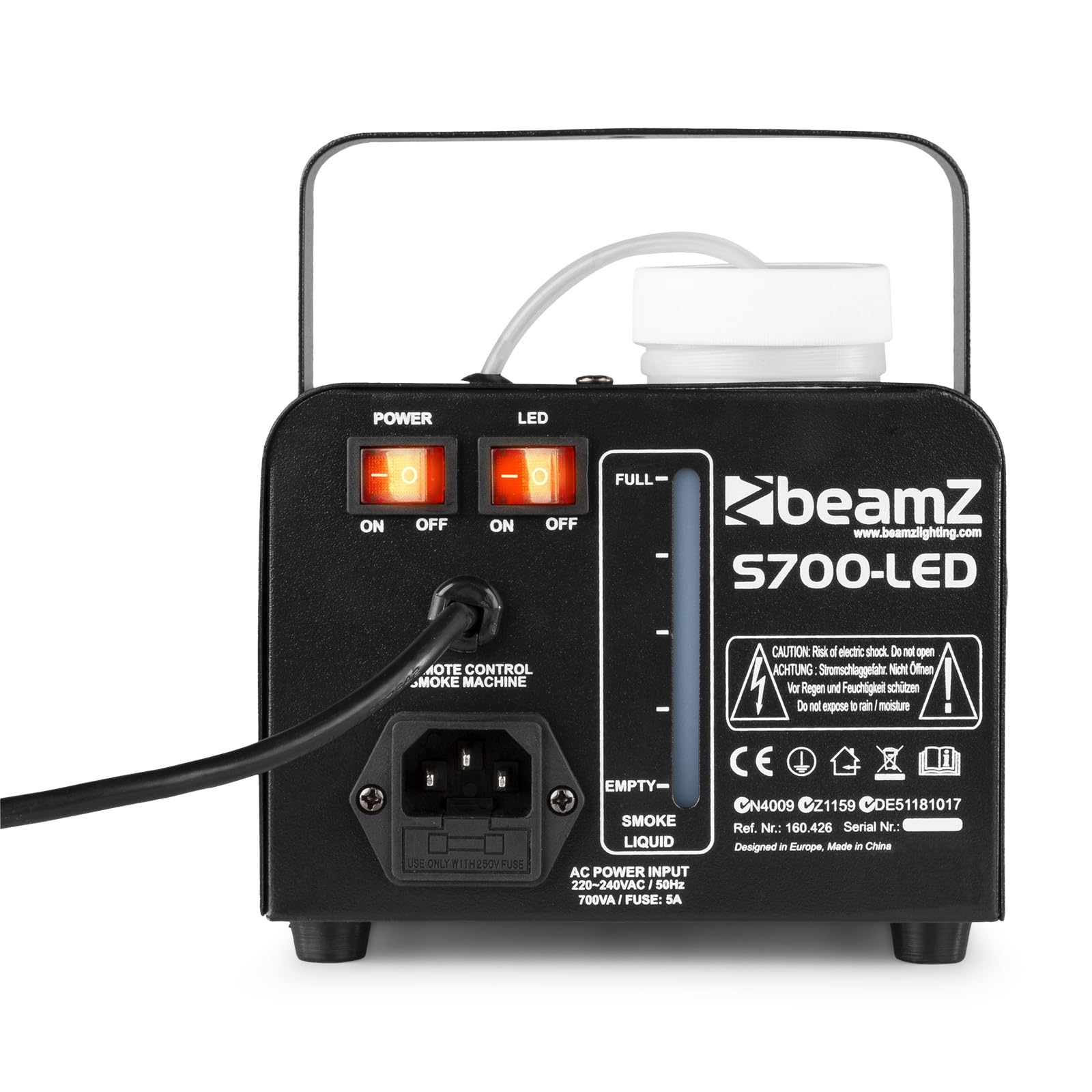 Beamz S700-LED Machine à Fumée avec LED Effet Glace, 700 Watts, 3x LED Bleu, 75m3 de Fumée par Minute, Réservoir de 250ml, Télécommande Filaire, Idéal pour Soirée, Animation et Mariage