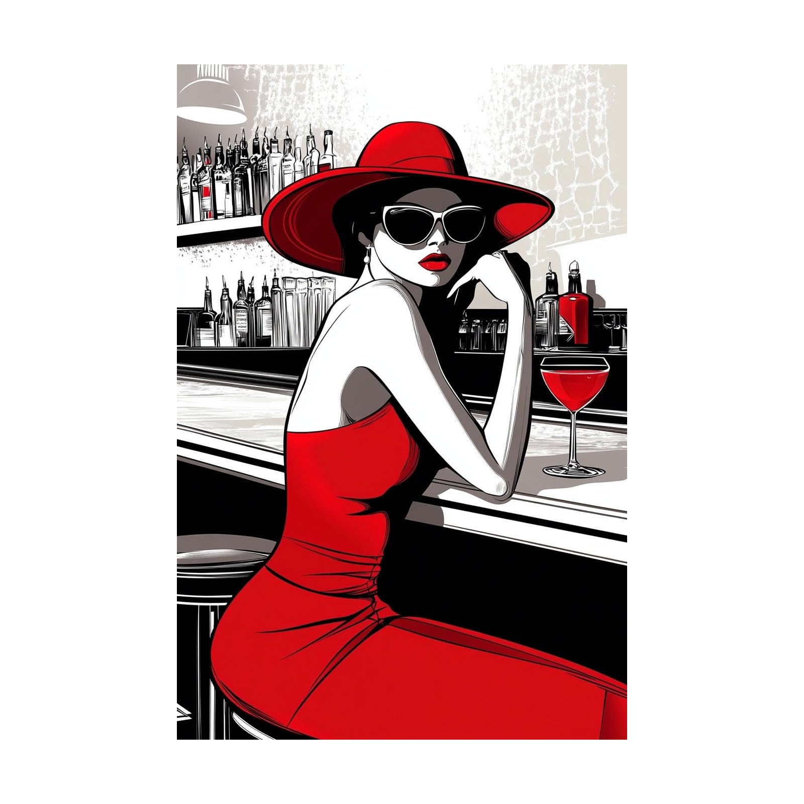 TERUEA Abstract Girl Painting Prints Woman Canvas Pictures Woman in Red Dress Bar Retro Painting Bathroom Wall Decor,(Red)-70x100cm Unframed