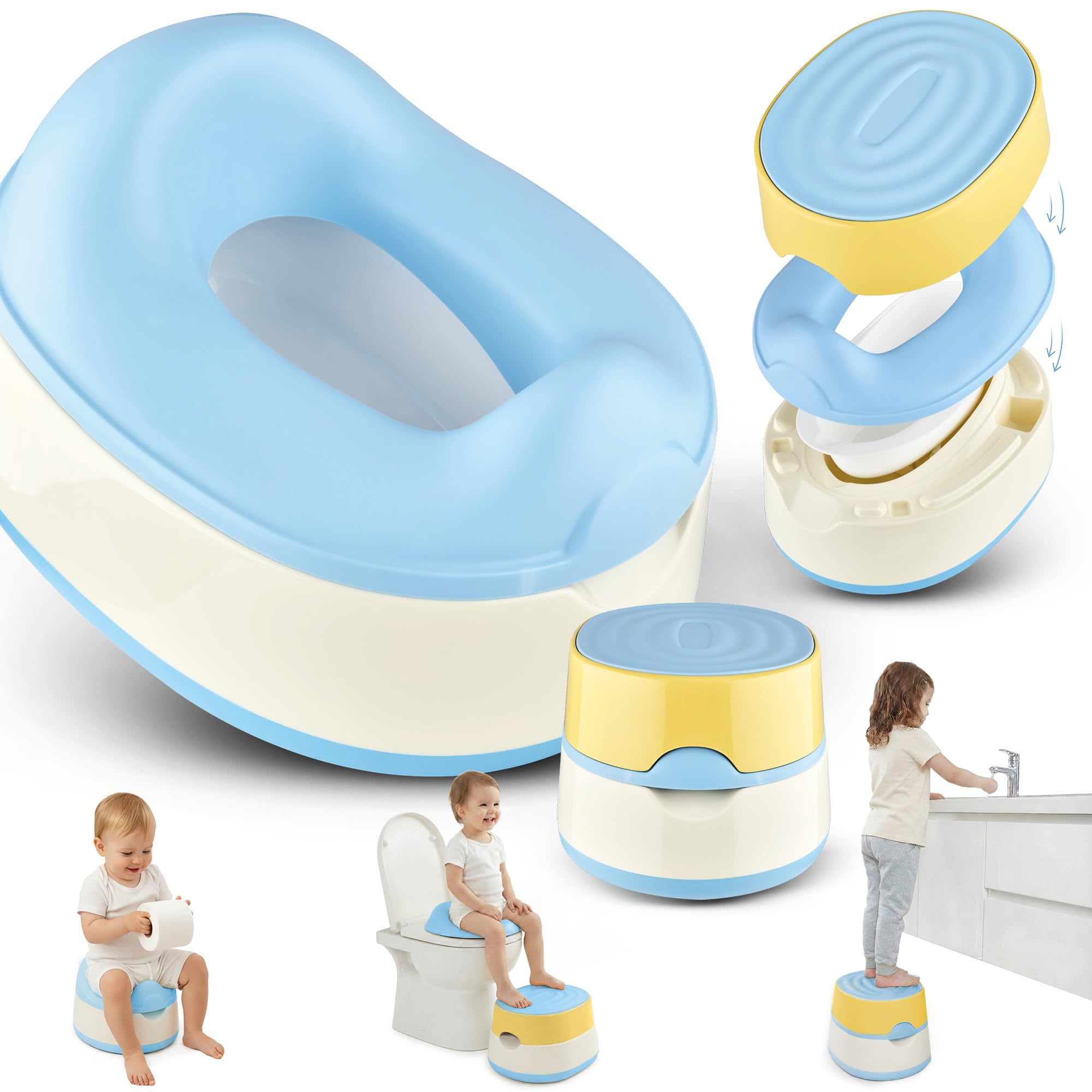 Merle Toys® 3in1 Töpfchen für Kinder, Toilette TÜV getestet, BPA Frei, Baby Potty Training Toilet, Baby Töpfchen ab 1 Jahr, Kindertoilette+Toilettensitz Kinder+Hocker, EASY CLEANING, Blau/Gelb