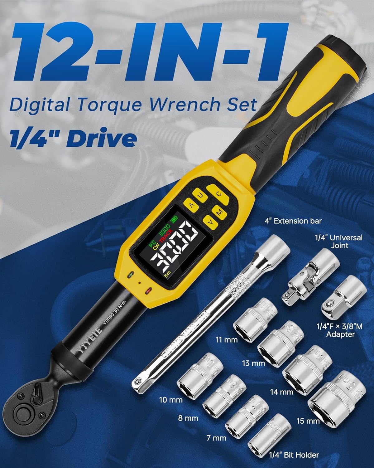 YIYEIE 1/4" Digital Torque Wrench Set | 13.5-265 in-lb | ±1% Accuracy | Deep-Reach Head | Smart Alert Multi | 12PC Bike Torque Wrench Digital for MTB/Motorcycle, with Sockets & Adapters