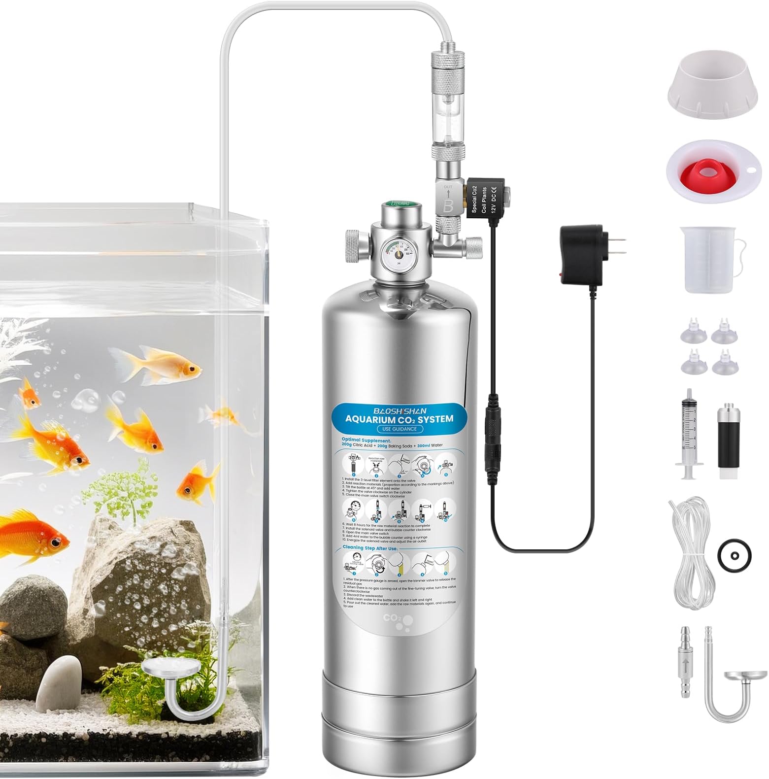 BAOSHISHAN Aquarium Co2 System 2L, Upgraded External Threaded CO2 System Generator with Double Switch Solenoid Valve, Co2 Aquarium Kit for Aquarium Plants