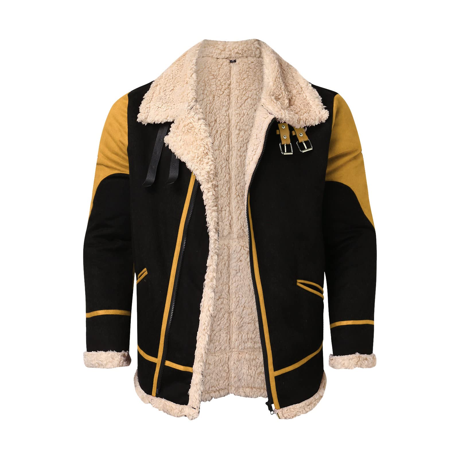 Chaqueta de aviador de solapa para hombre, forro de piel sintética, chaqueta gruesa de patchwork de piloto para hombre, chaqueta de invierno cálida de softshell
