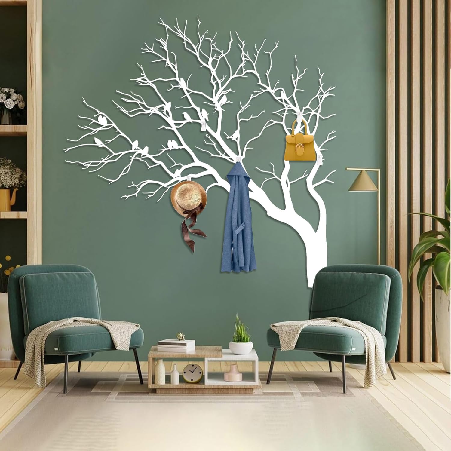 Coat Rack Tree Branch with Birds, Birds on Tree Branch Metal Wall Art, Coat Hooks Wall Mount, Key Holder Wall Mounted, Metal Coat Rack for Living Room, Bathroom (Black, 24"x24"|60x60cm)