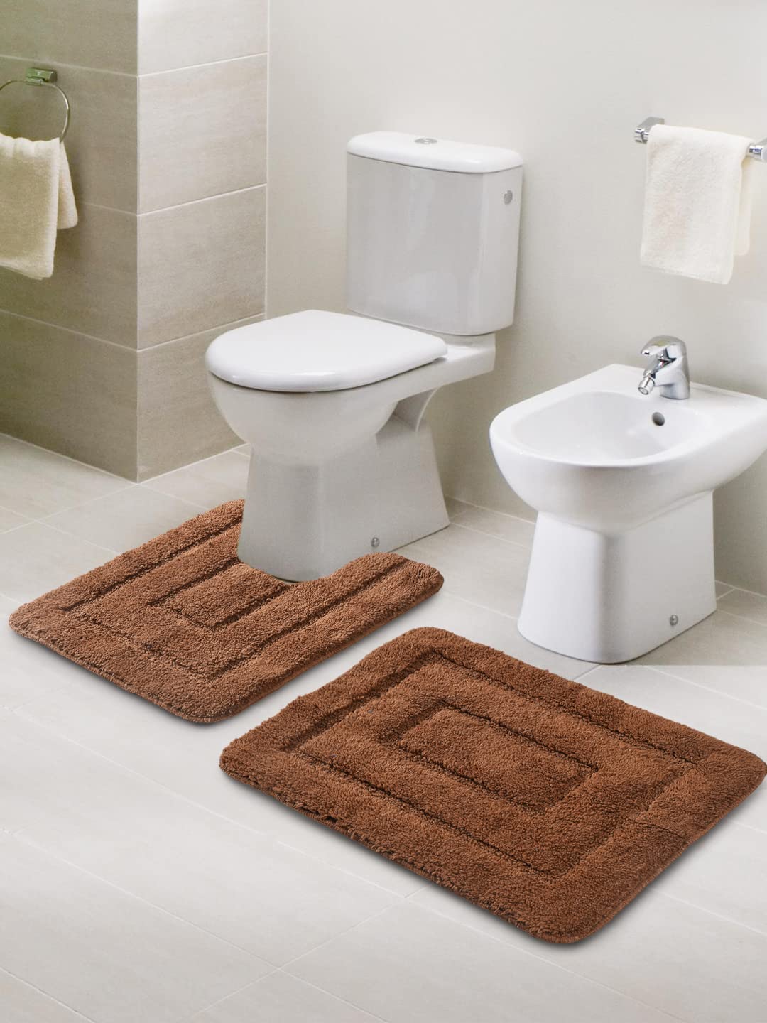 Saral Home Cotton Anti Slip Bathmat Set with Contour | Washable, Non-Slip & Quick-Drying Mats for Home/Kitchen/Office | Soft & Super Absorbent Mats for Shower (Brown, 45x60 cm & 45x50 cm)