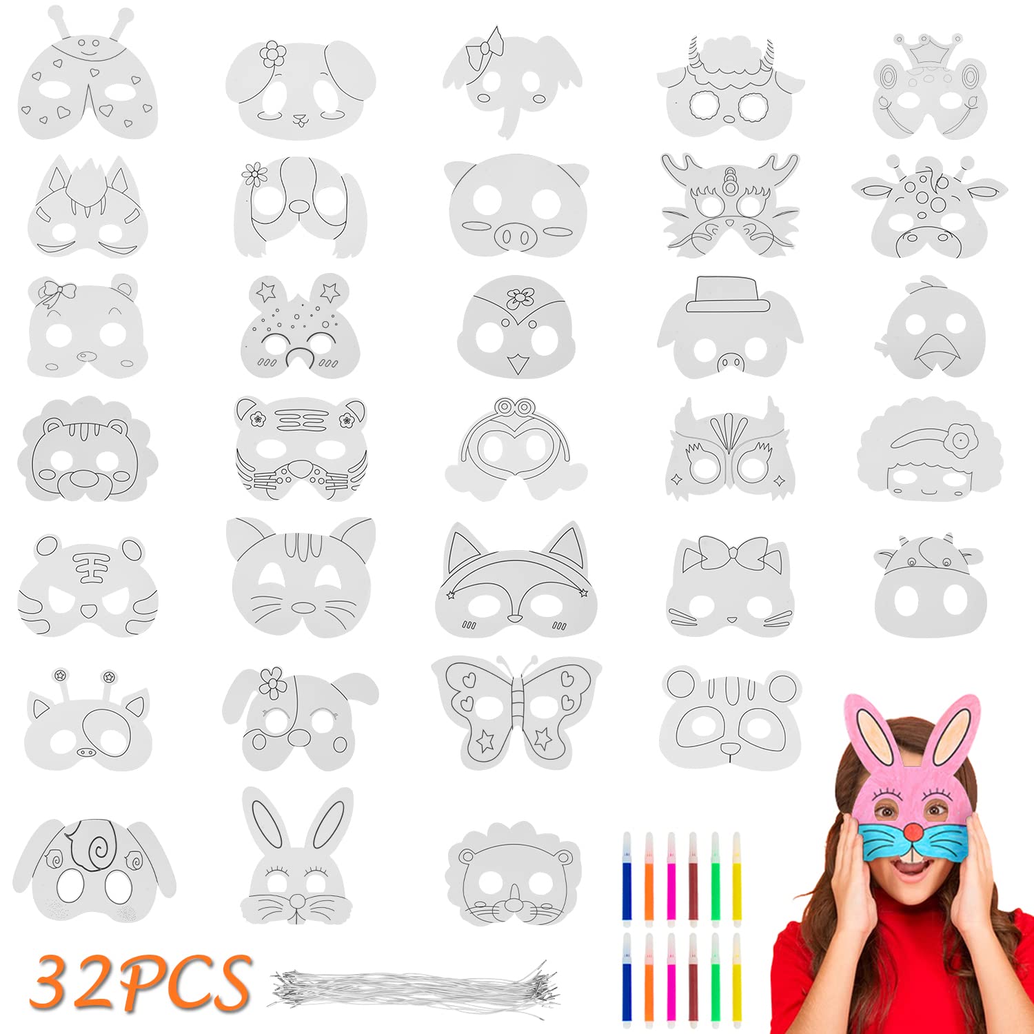 DJLLA Máscara de Animales para Niños, DIY Blanco Máscaras para Colorear con Bolígrafos, Máscaras de Fiesta de Cumpleaños, Máscara de Cosplay para Infantil Cumpleaños, Carnaval, Halloween, Navidad