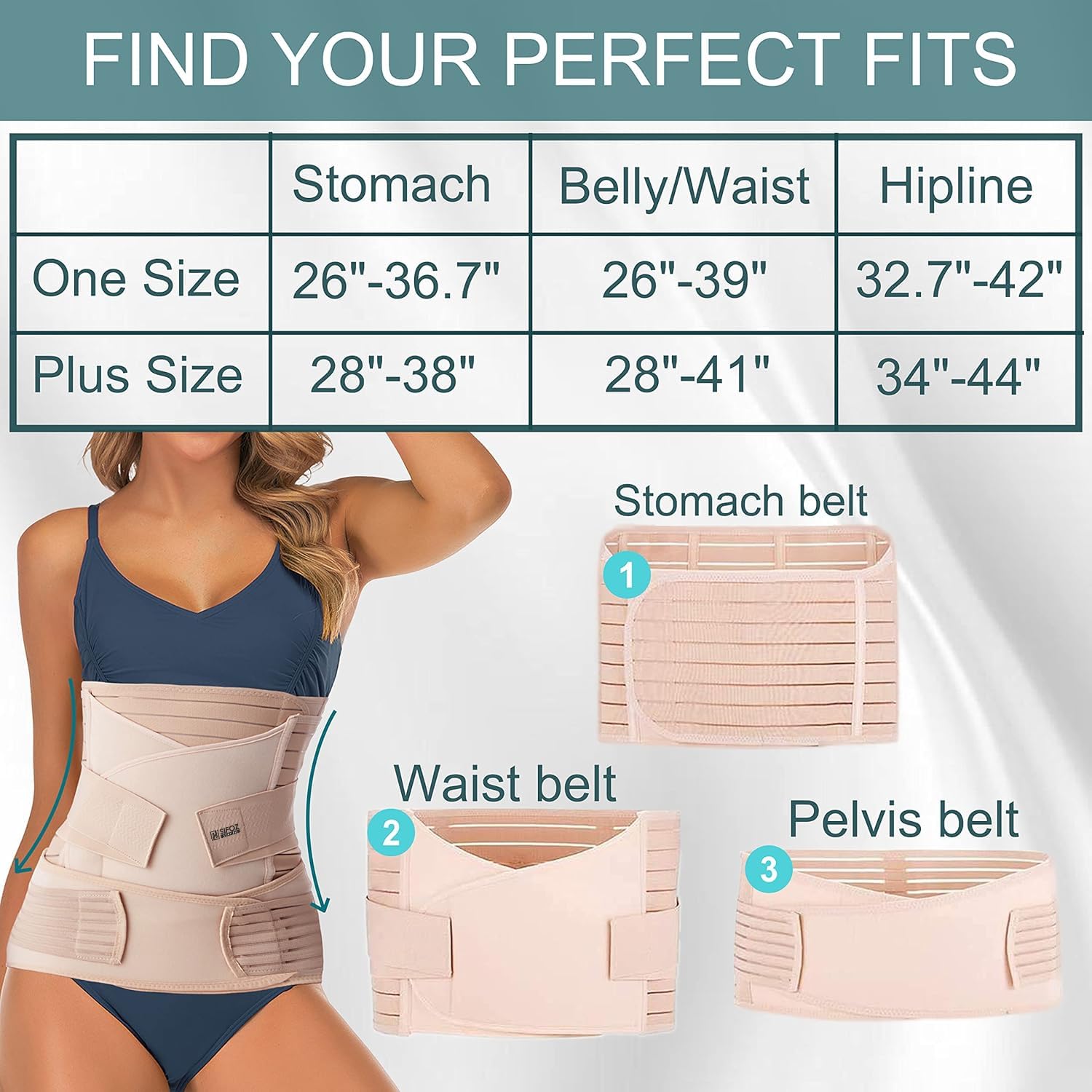 3 in 1 Postpartum Support - Recovery Belly Belt Free Size Abdominal Support for Post Delivery, Slimming Waist, Lower Back Pain, Tummy Reduction Belt for Belly After Delivery C-Section (Skin)