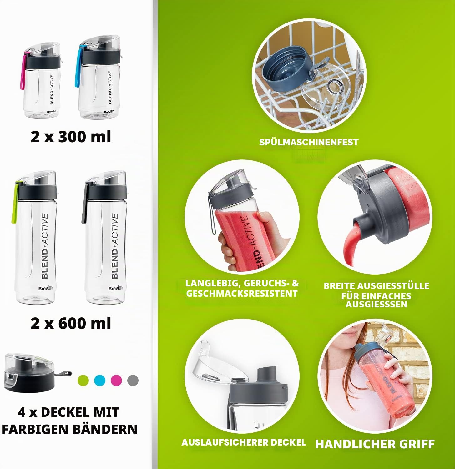 Breville Blend Active VBL252 persönlicher Mixer und Smoothie-Maker, 350 W, Familienpackung, 4 tragbare Mix-Active-Flaschen (300 ml, 600 ml), auslaufsichere Deckel, Weiß und Grün