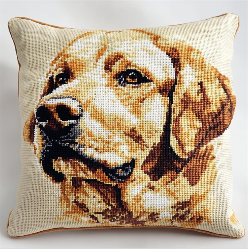 Latch Hook Pillowcase Embroidery Kit,Labrador Latch Hook Cushion Cover For Adults And Beginners, 17X17 Inch Embroidery Kits 43X43Cm,Diy Needlework Pillow Cover Cushion Rug Making Kit, Diy Cr